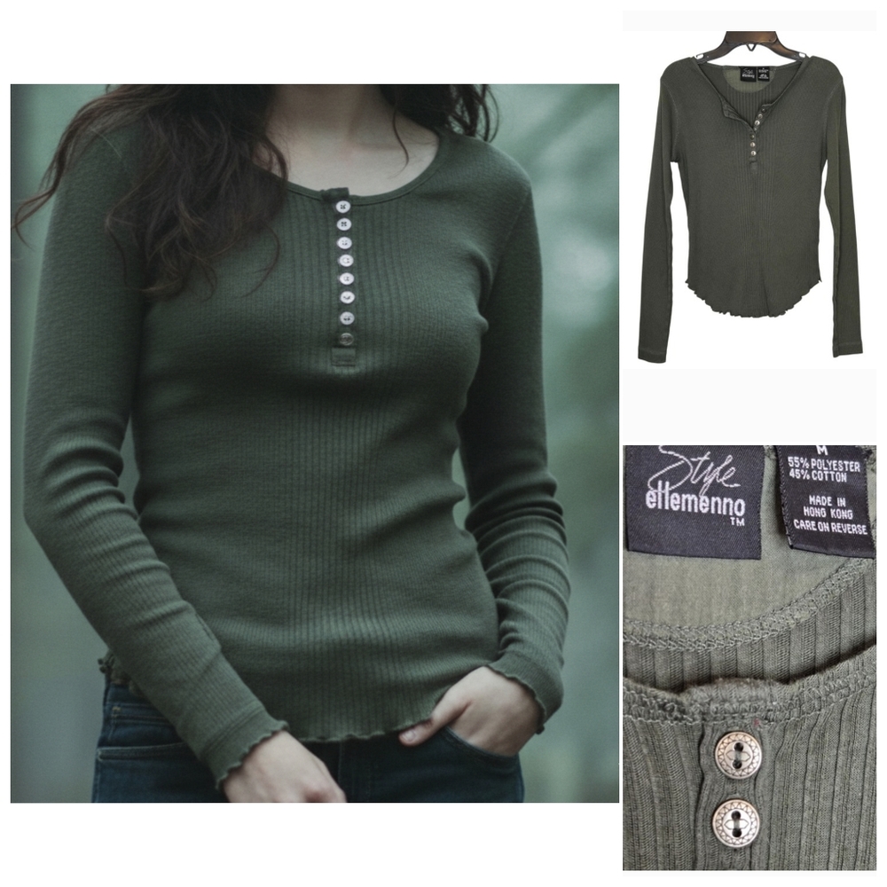Y2K Olive Green Bella Swan Henley Thermal Top Earthy Fairy Grunge Twilight Core